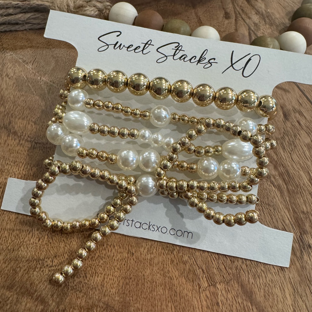 Elegant Gold And White Beaded Bracelet Set
